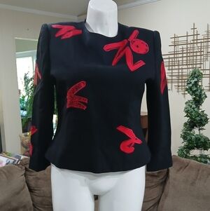 VTG 80’s GENE ROYE Black Top/Jacket Red Abstract Art Deco 100% Silk Fully Lined